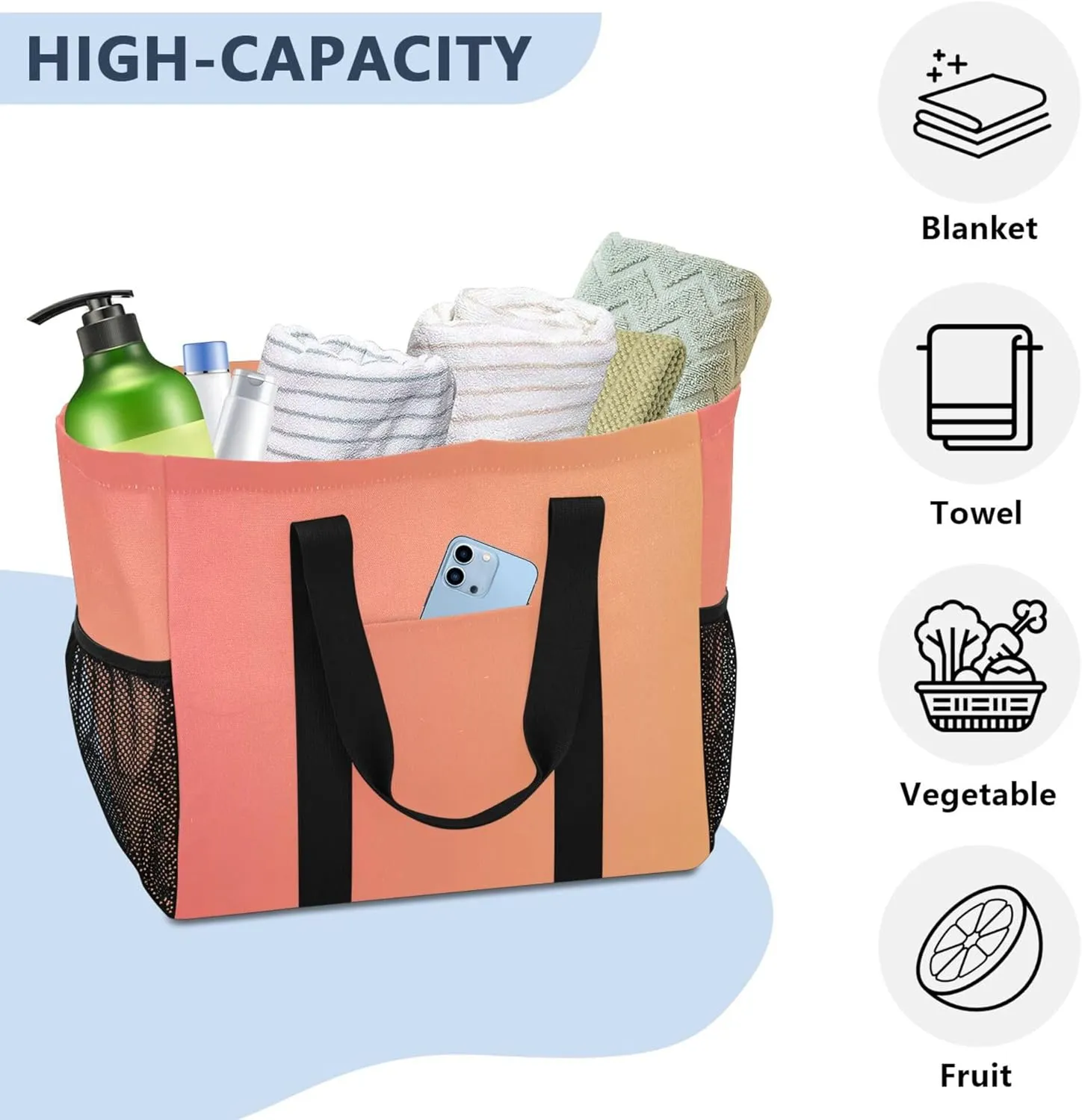 KLL Beach Bag with Handles Foldable Water Resistant Reusable Grocery Shopping Bags