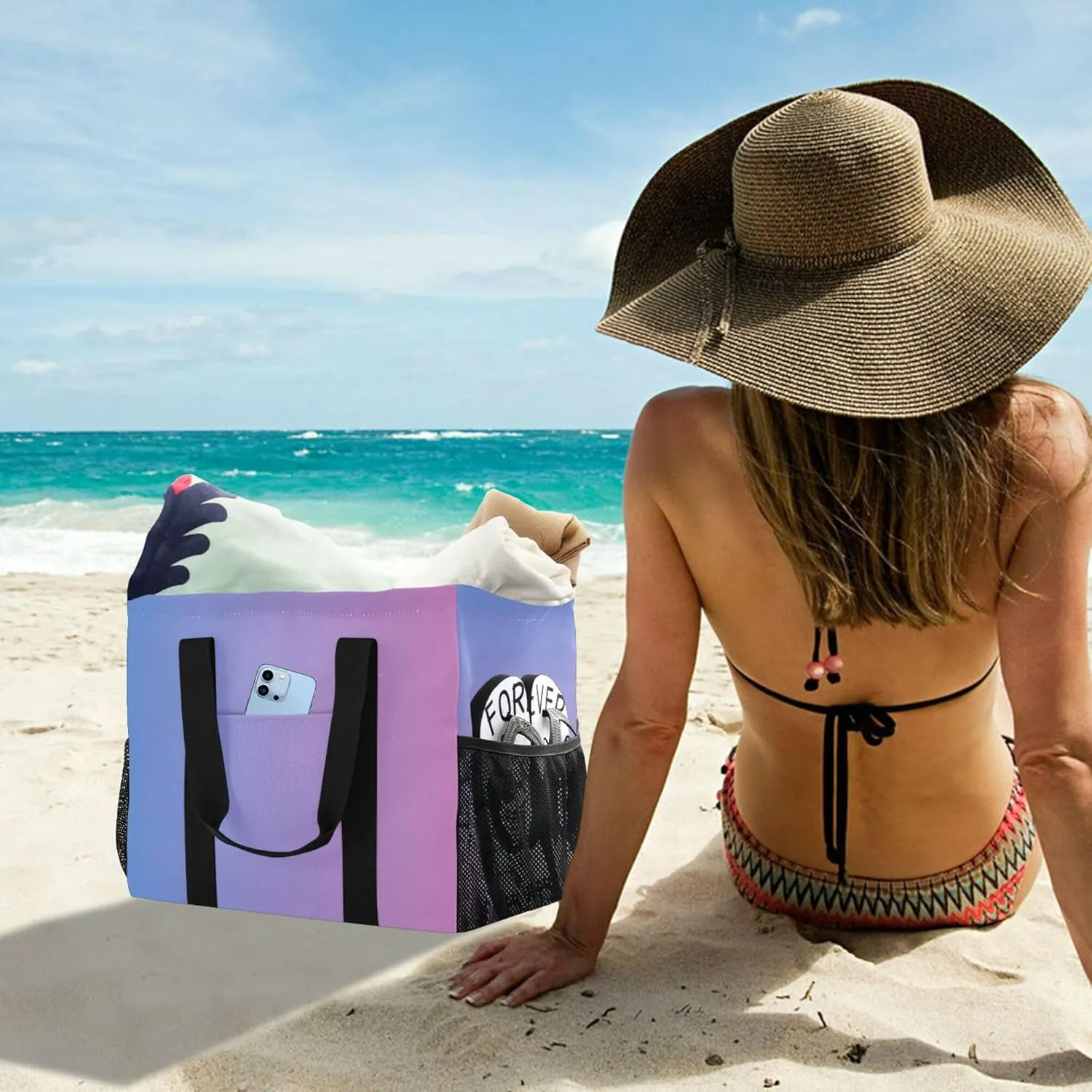 KLL Beach Bag with Handles Foldable Water Resistant Reusable Grocery Shopping Bags