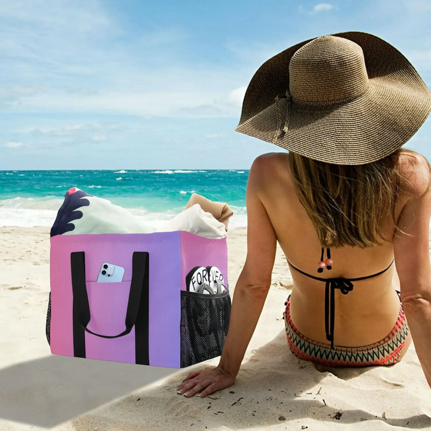 KLL Beach Bag with Handles Foldable Water Resistant Reusable Grocery Shopping Bags
