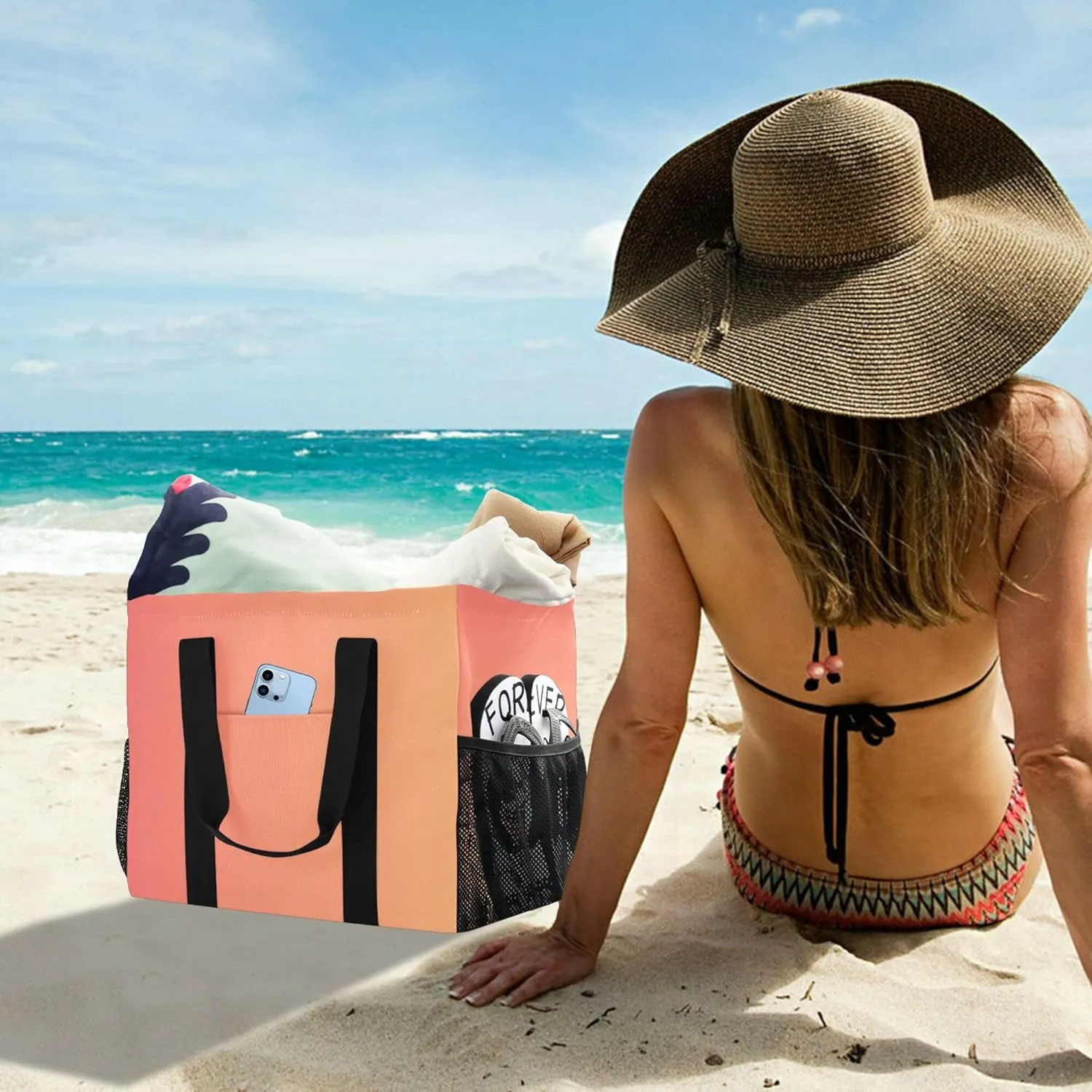 KLL Beach Bag with Handles Foldable Water Resistant Reusable Grocery Shopping Bags