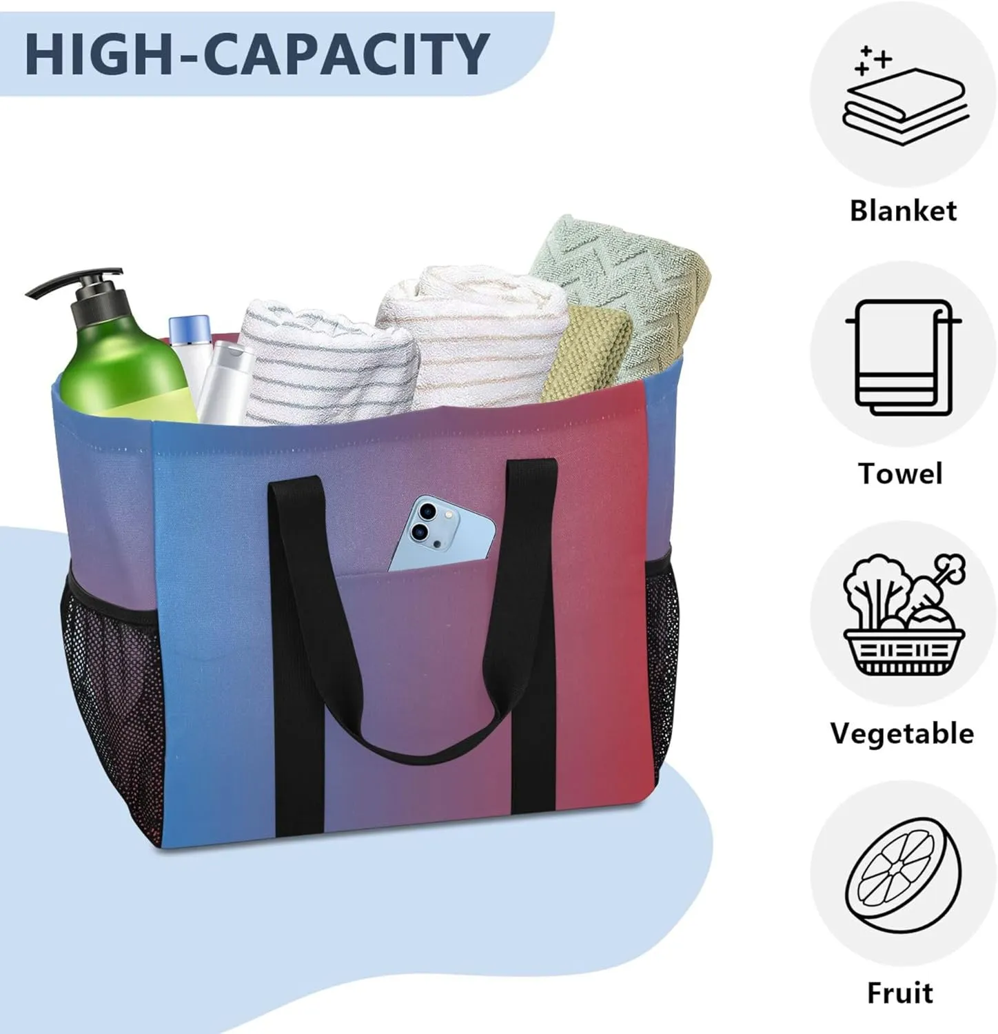KLL Beach Bag with Handles Foldable Water Resistant Reusable Grocery Shopping Bags