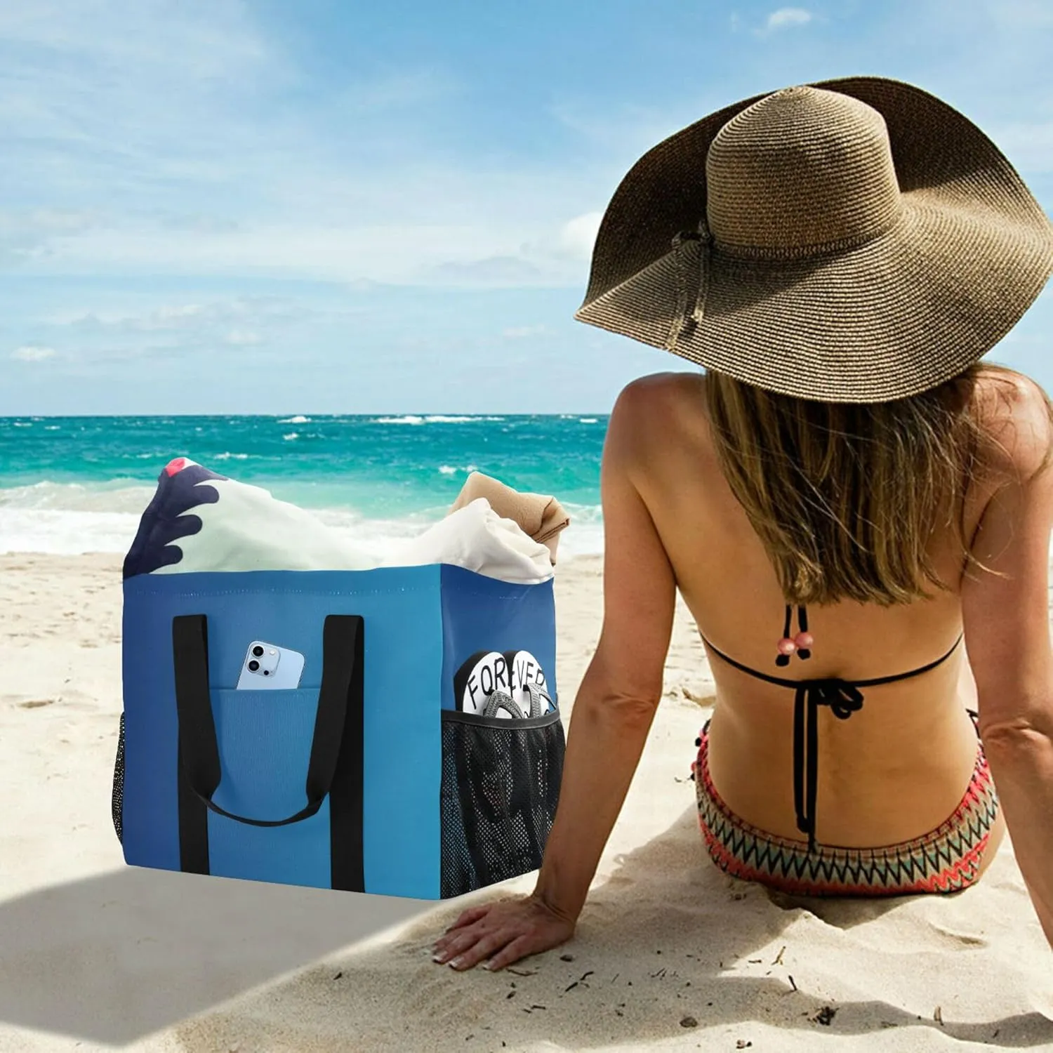 KLL Beach Bag with Handles Foldable Water Resistant Reusable Grocery Shopping Bags