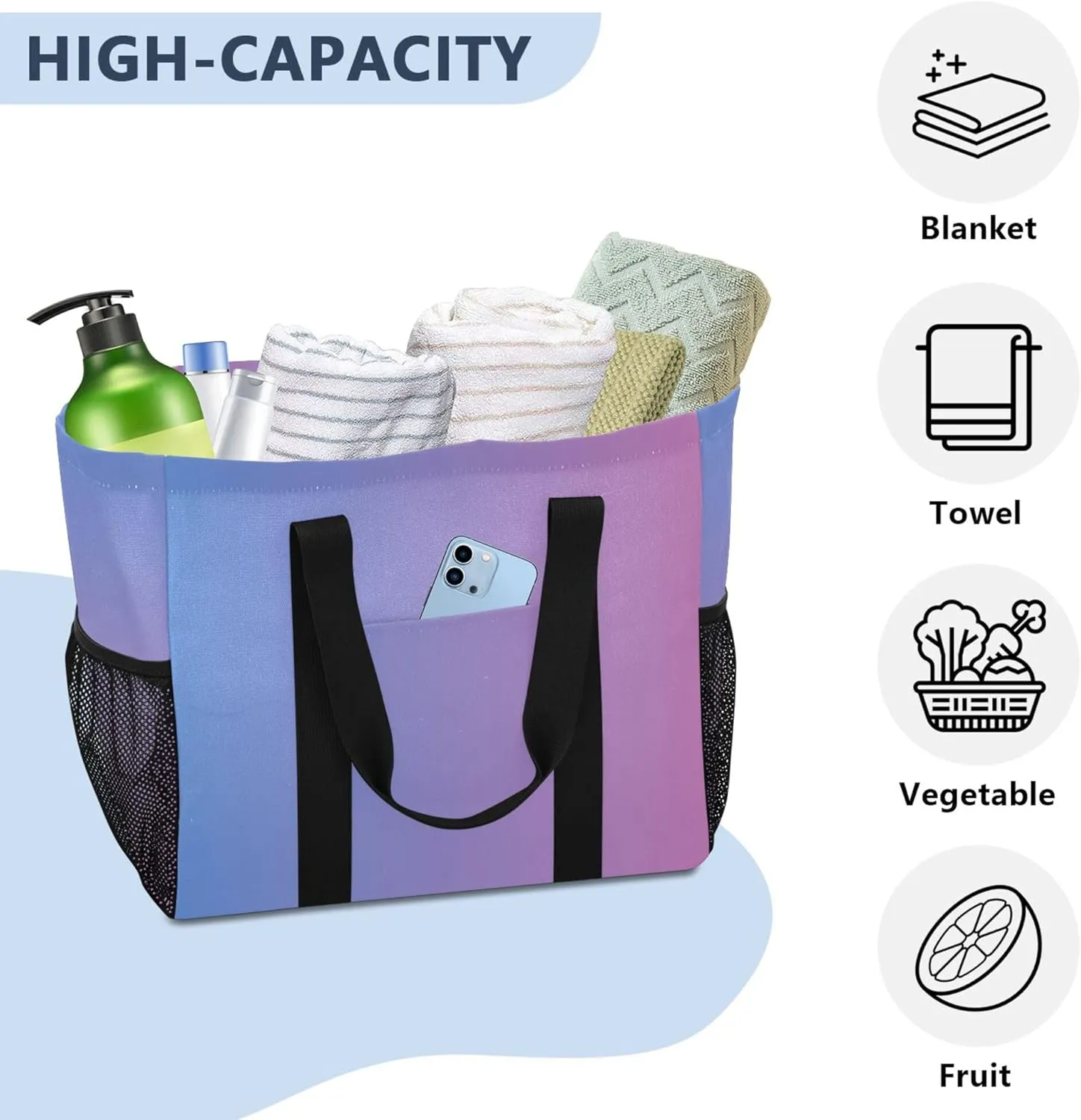 KLL Beach Bag with Handles Foldable Water Resistant Reusable Grocery Shopping Bags