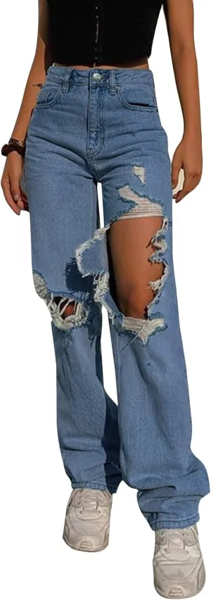 KMBANGI Womens High Waisted Wide Leg Pants Straight Denim Jeans Casual Baggy Trousers Y2K Streetwear Fashion