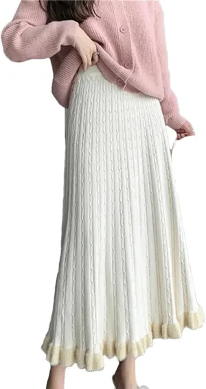 Knitted Long Skirt Women Winter Warm Midi Skirt Female Pleated Skirt High Waist A Line Skirt