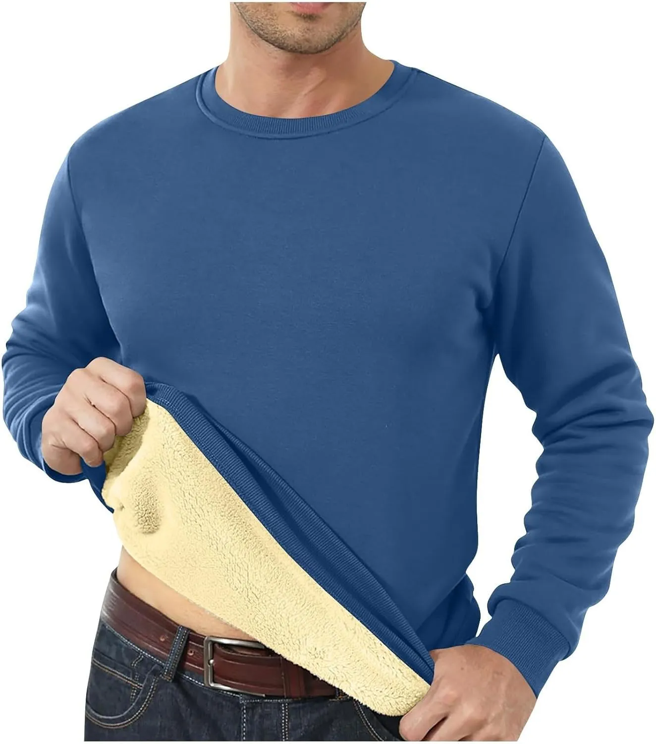 KUIOLYPOER Men's Crewneck Sweatshirt Casual Long Sleeve Solid Fleece Sweatshirt Fall and Winter Warm Sherpa Lined Pullover