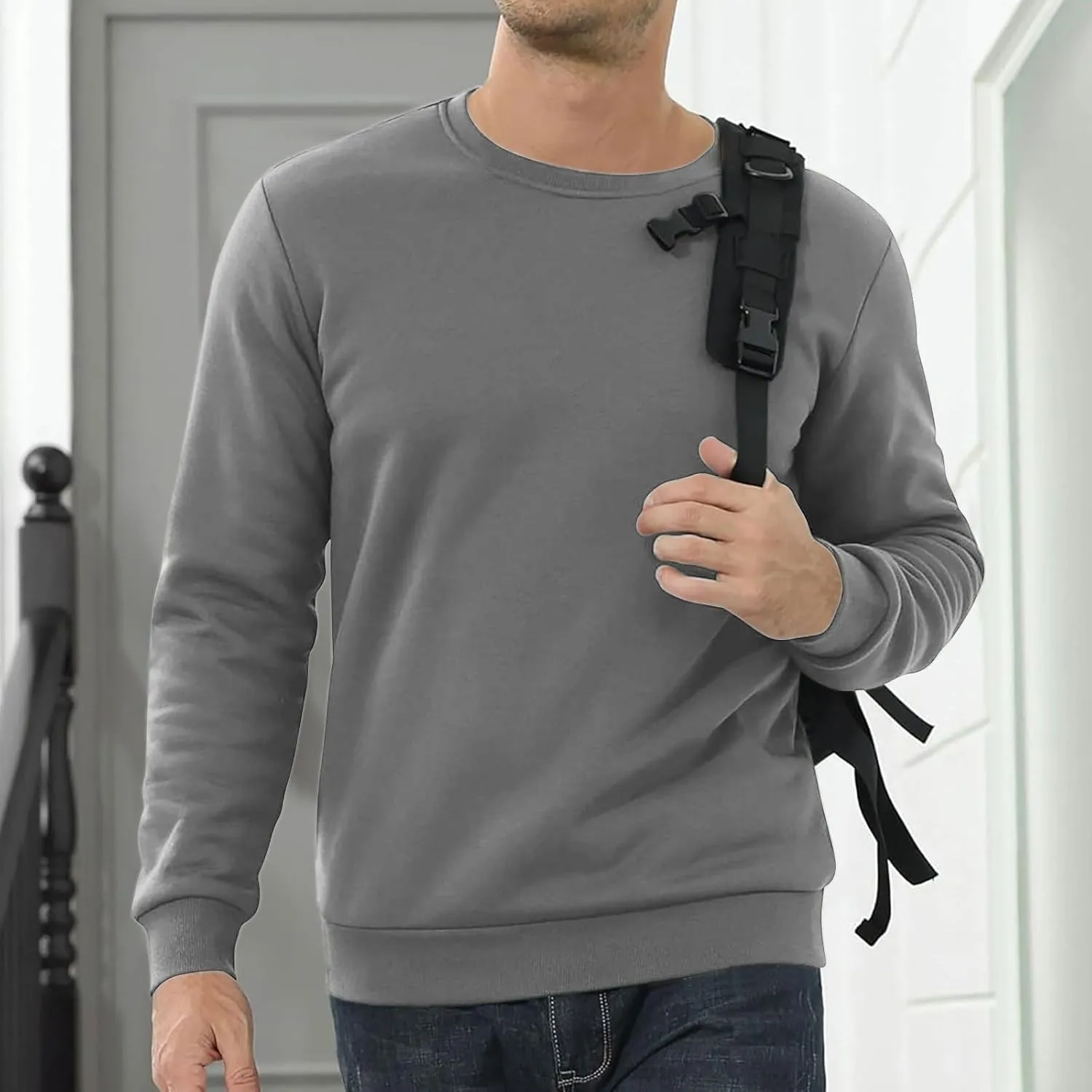 KUIOLYPOER Men's Crewneck Sweatshirt Casual Long Sleeve Solid Fleece Sweatshirt Fall and Winter Warm Sherpa Lined Pullover