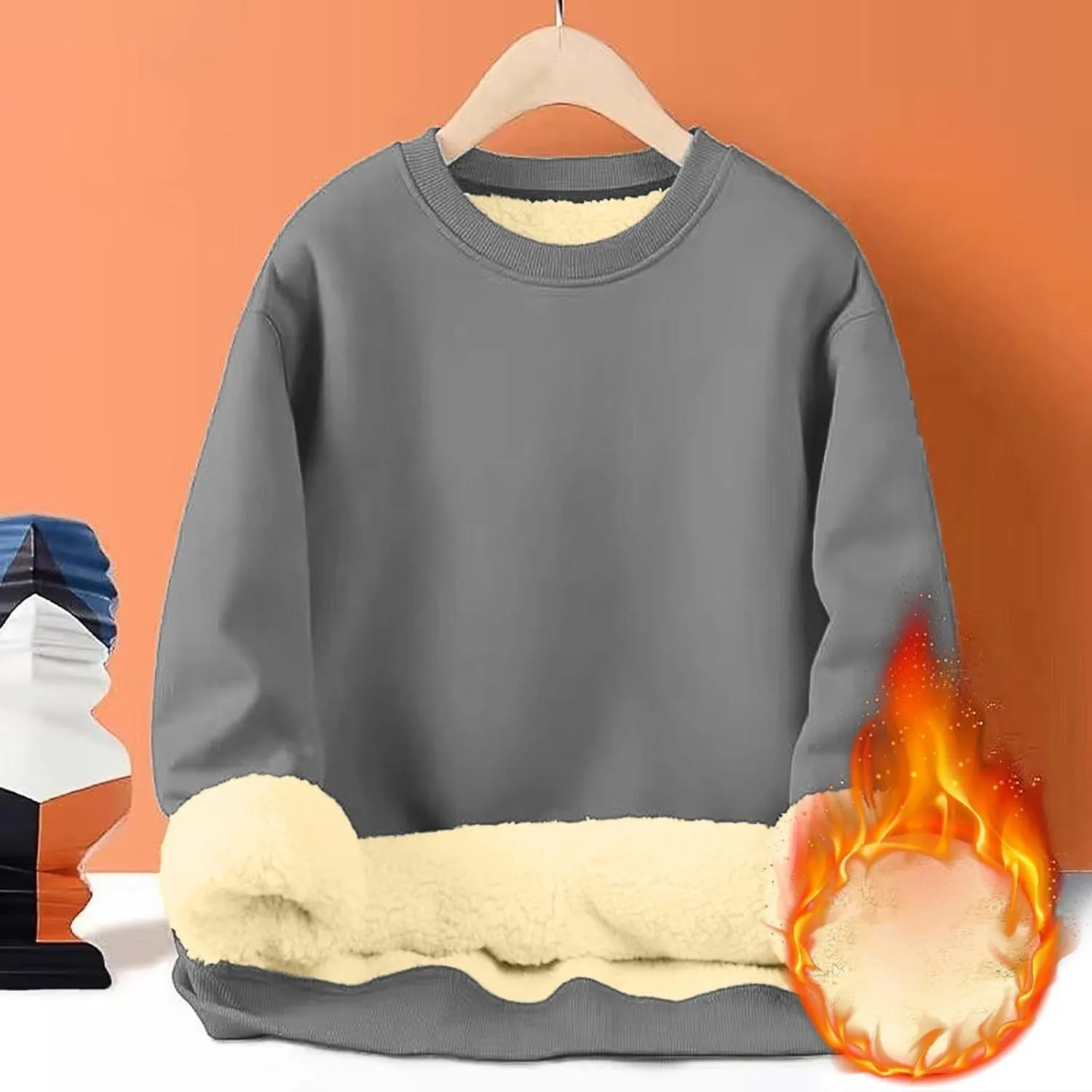 KUIOLYPOER Men's Crewneck Sweatshirt Casual Long Sleeve Solid Fleece Sweatshirt Fall and Winter Warm Sherpa Lined Pullover