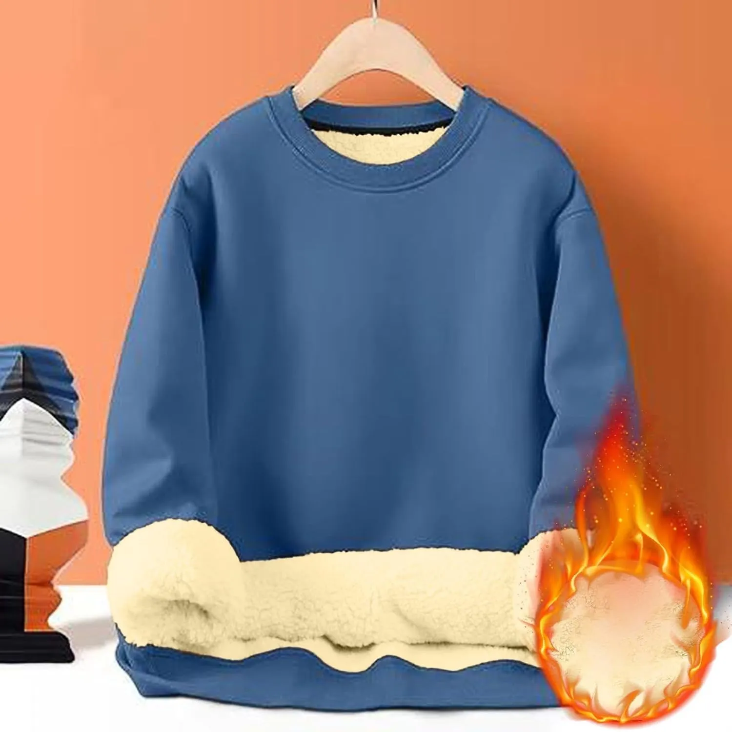KUIOLYPOER Men's Crewneck Sweatshirt Casual Long Sleeve Solid Fleece Sweatshirt Fall and Winter Warm Sherpa Lined Pullover