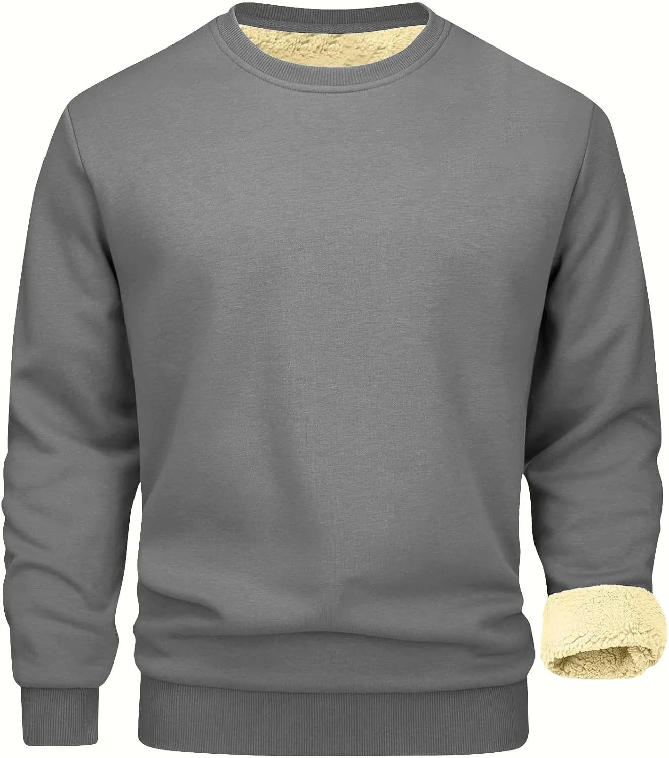 KUIOLYPOER Men's Crewneck Sweatshirt Casual Long Sleeve Solid Fleece Sweatshirt Fall and Winter Warm Sherpa Lined Pullover