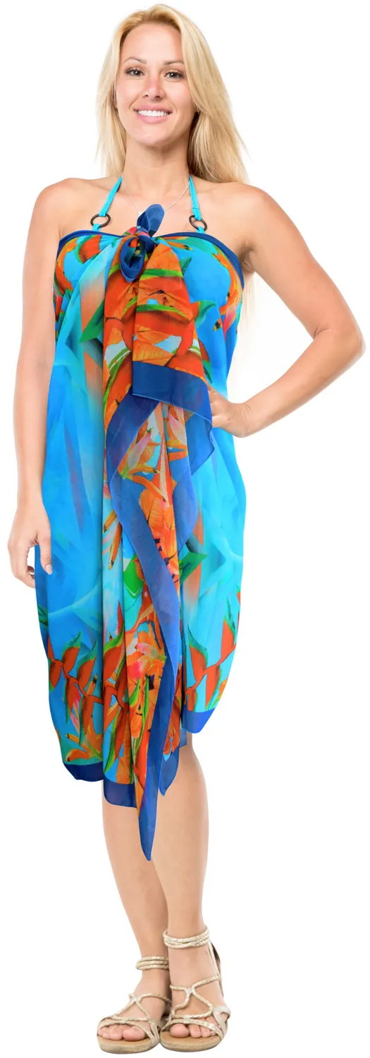 LA LEELA Sheer Chiffon Beach Long Swimsuit Sarong Digital 78"X39" Blue_1312