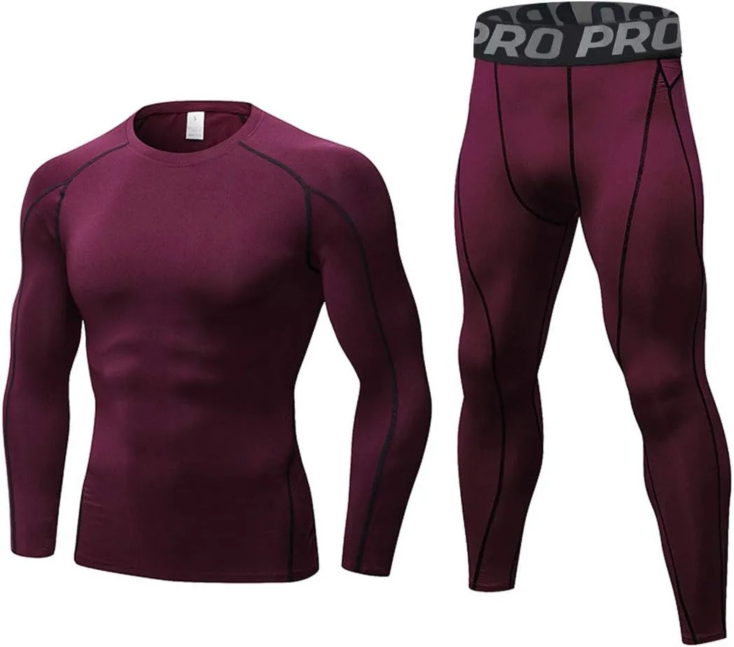 LANBAOSI Mens Workout Compression Set Pants and Long Sleeve Shirts Winter Warm Thermal Baselayer Top & Bottom