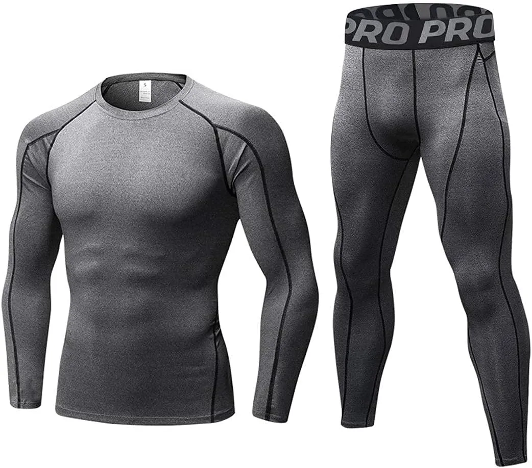 LANBAOSI Mens Workout Compression Set Pants and Long Sleeve Shirts Winter Warm Thermal Baselayer Top & Bottom