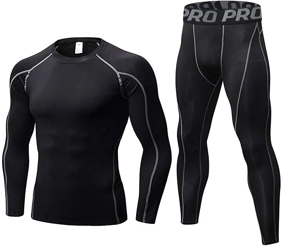 LANBAOSI Mens Workout Compression Set Pants and Long Sleeve Shirts Winter Warm Thermal Baselayer Top & Bottom