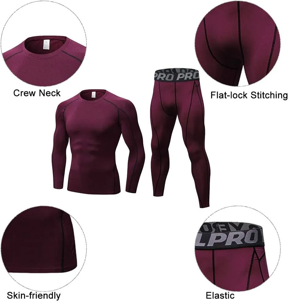LANBAOSI Mens Workout Compression Set Pants and Long Sleeve Shirts Winter Warm Thermal Baselayer Top & Bottom