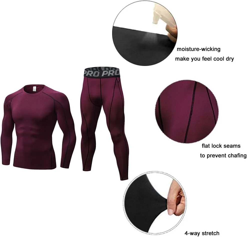 LANBAOSI Mens Workout Compression Set Pants and Long Sleeve Shirts Winter Warm Thermal Baselayer Top & Bottom