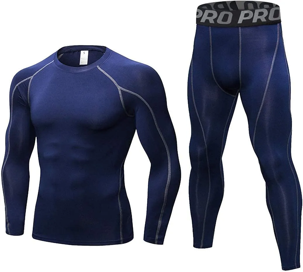 LANBAOSI Mens Workout Compression Set Pants and Long Sleeve Shirts Winter Warm Thermal Baselayer Top & Bottom