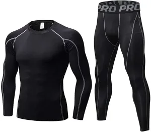 LANBAOSI Mens Workout Compression Set Pants and Long Sleeve Shirts Winter Warm Thermal Baselayer Top & Bottom
