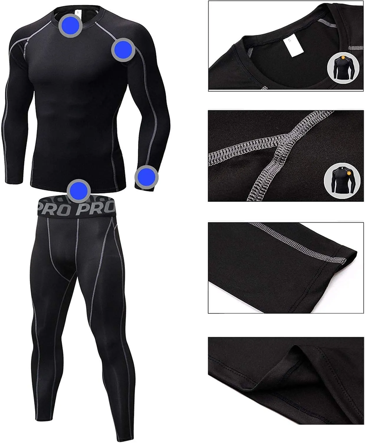 LANBAOSI Mens Workout Compression Set Pants and Long Sleeve Shirts Winter Warm Thermal Baselayer Top & Bottom