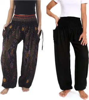 Lannaclothesdesign Black Flower Eye and Plain Black Boho Harem Pants for Women Bundle Size Small