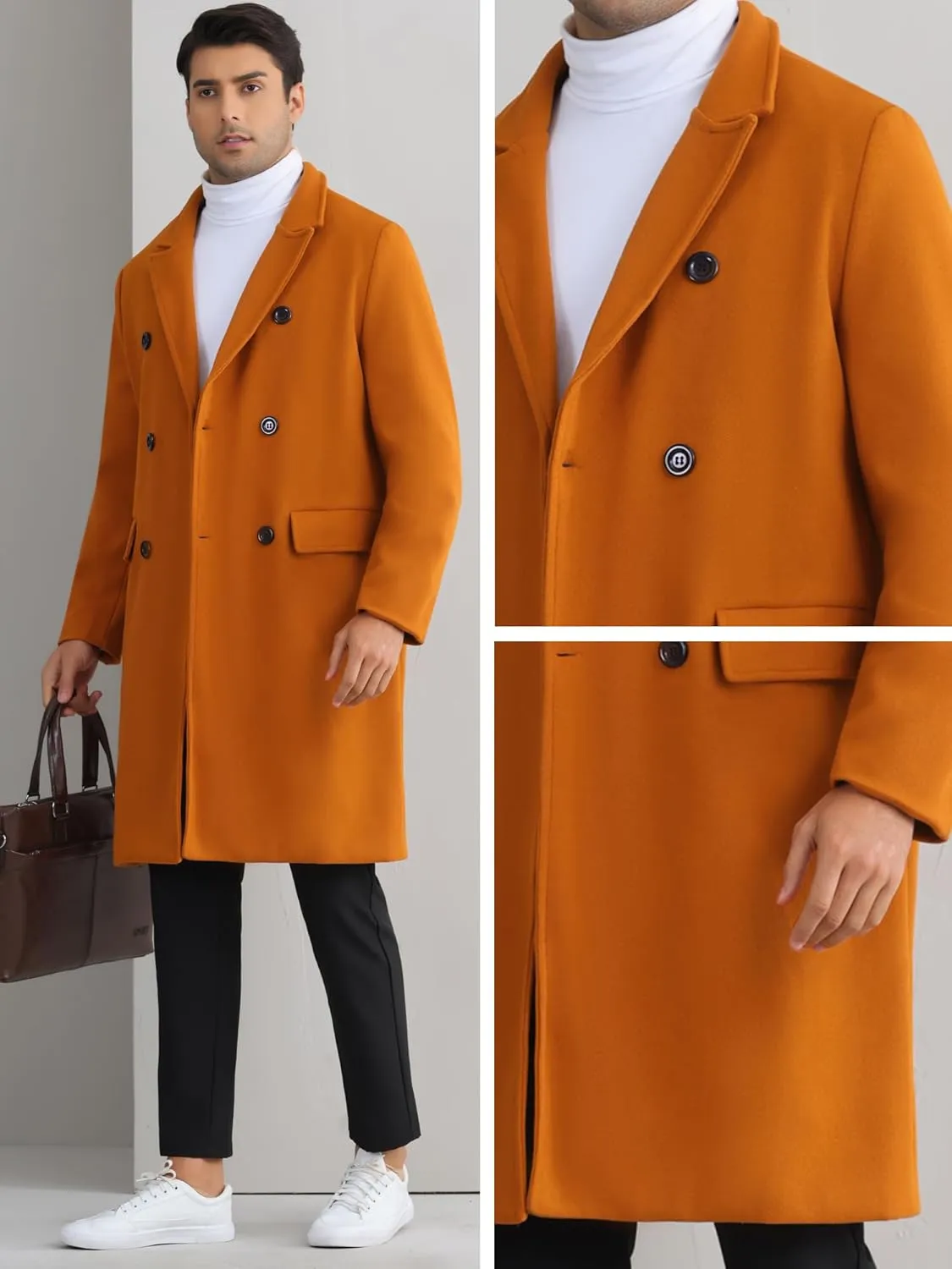 Lars Amadeus Overcoat for Men's Double Breasted Notched Collar Warm Winter Business Long Trench Coat with Pockets