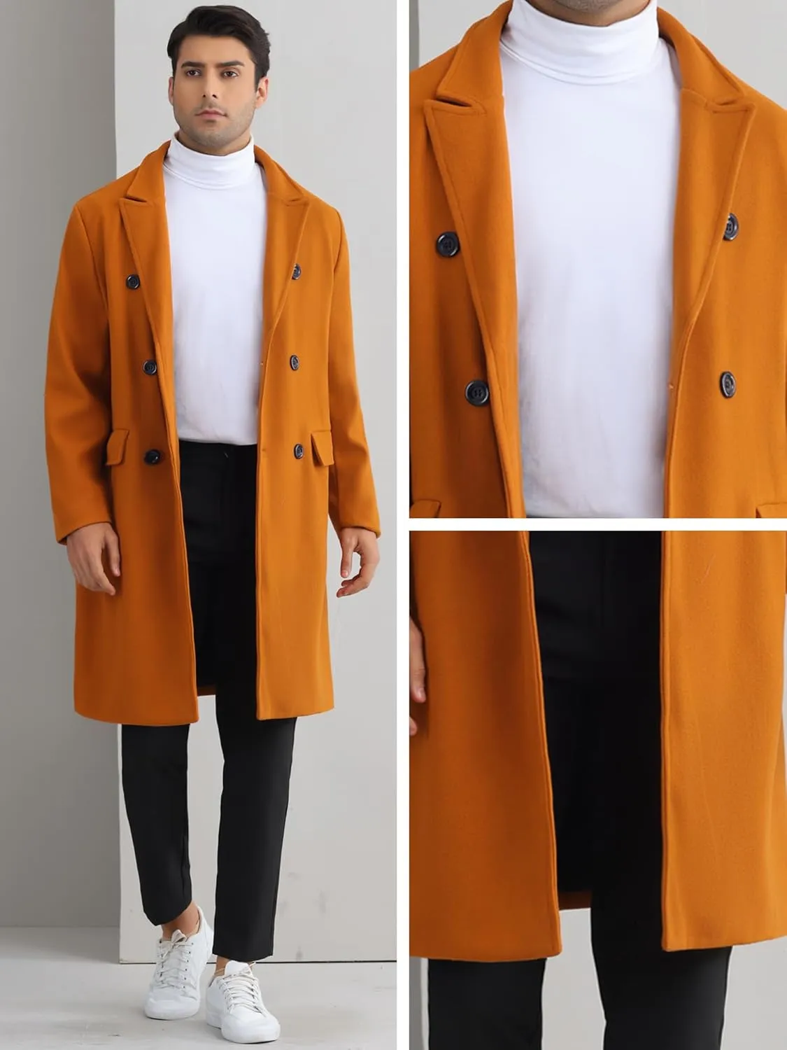 Lars Amadeus Overcoat for Men's Double Breasted Notched Collar Warm Winter Business Long Trench Coat with Pockets