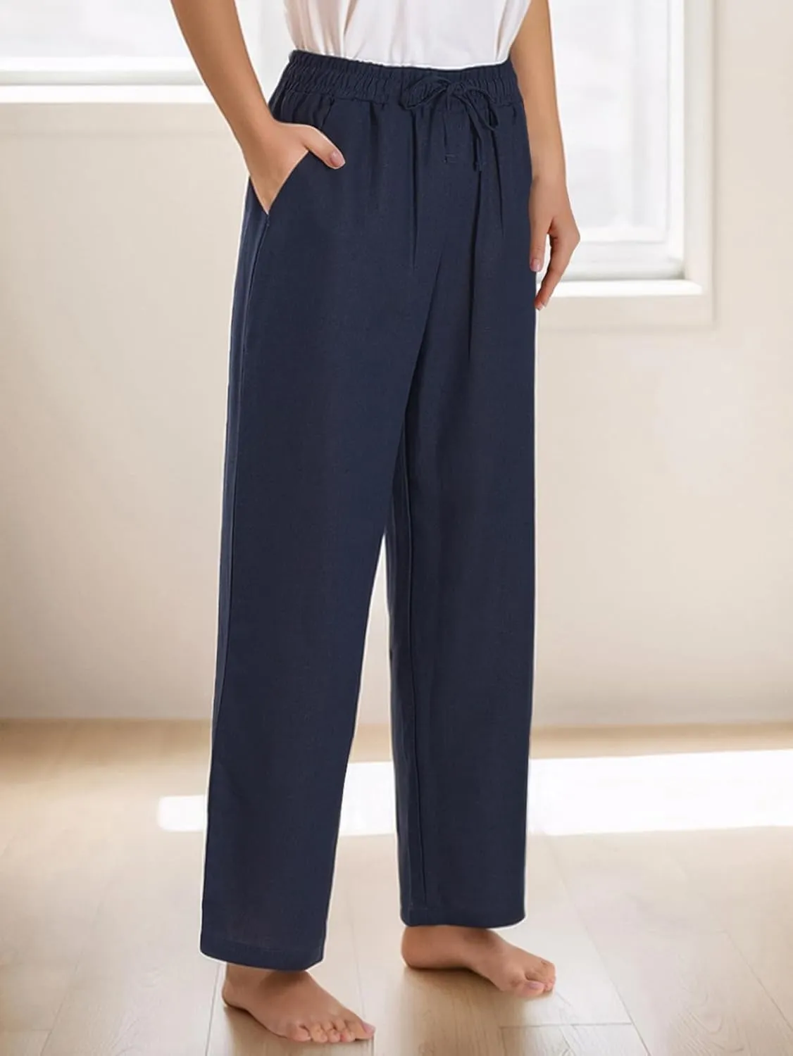 Latuza Women's Petite Length Linen Pants Wide Leg Lounge Pants