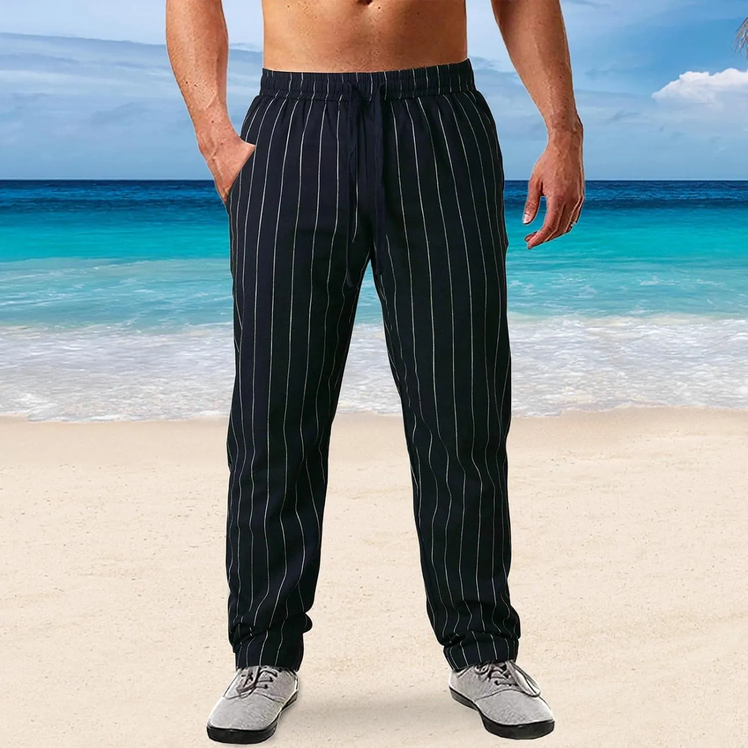LCMTWX Men Sweatpants Summer Pinstripe Cotton and Casual Sports Pants Athletic Loose Fit Mens Pants Baggy Sweatpants