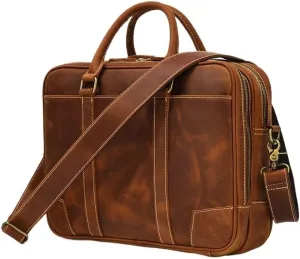 Leather Satchel Bag Retro Shoulder Mens Briefcase Water Resistant Laptop For Business Travel Computer Office