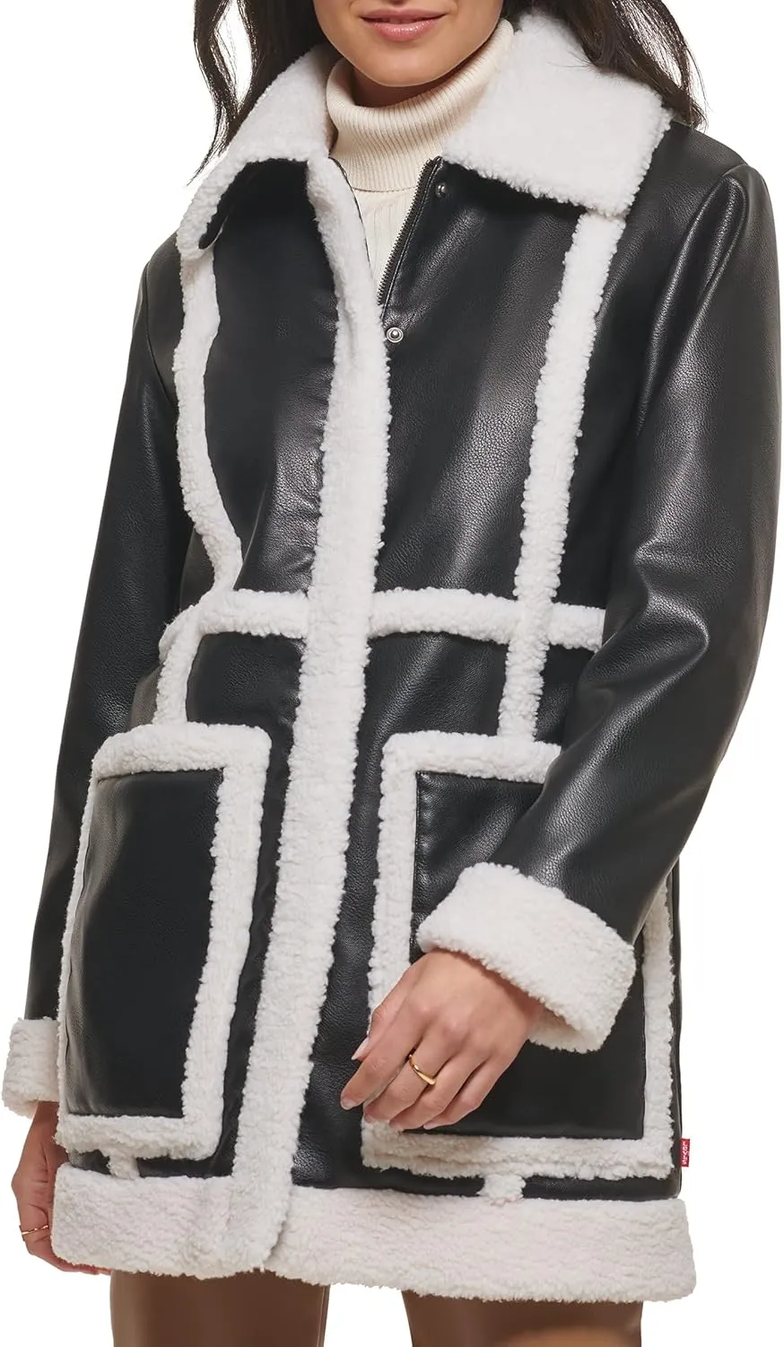 Levi's womens Long Faux Leather Jacket With Faux Sherpa Spill Out