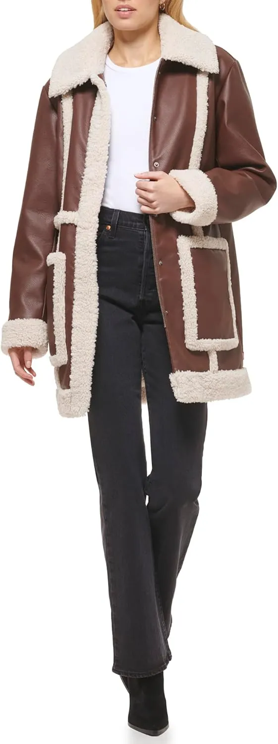 Levi's womens Long Faux Leather Jacket With Faux Sherpa Spill Out