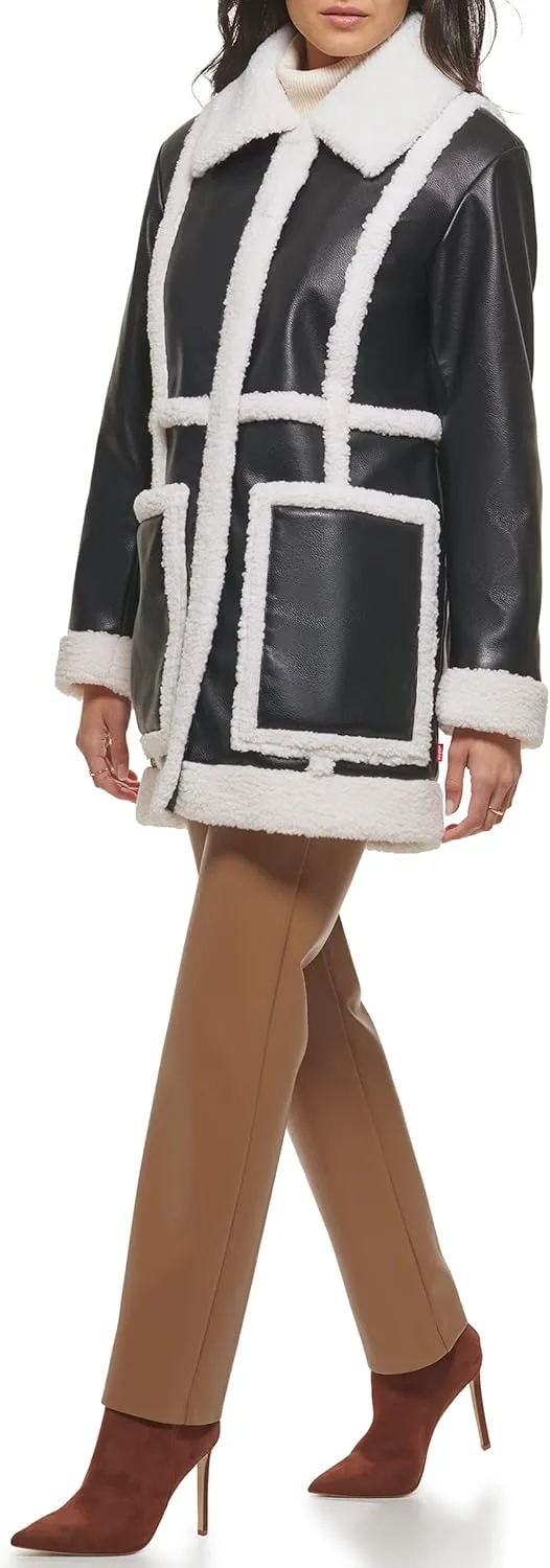 Levi's womens Long Faux Leather Jacket With Faux Sherpa Spill Out