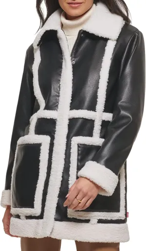 Levi's womens Long Faux Leather Jacket With Faux Sherpa Spill Out