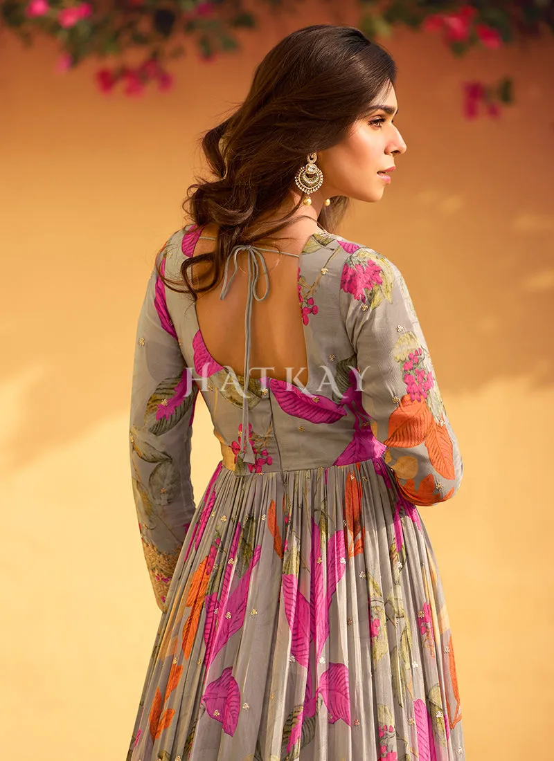 Light Grey Embroidered Floral Anarkali Dress