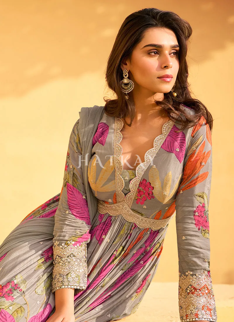 Light Grey Embroidered Floral Anarkali Dress