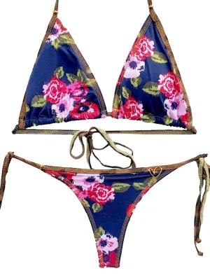 Liliana Montoya Blue Floral Brasilerita Triangle Top & Tie Side Thong Bottom Bikini