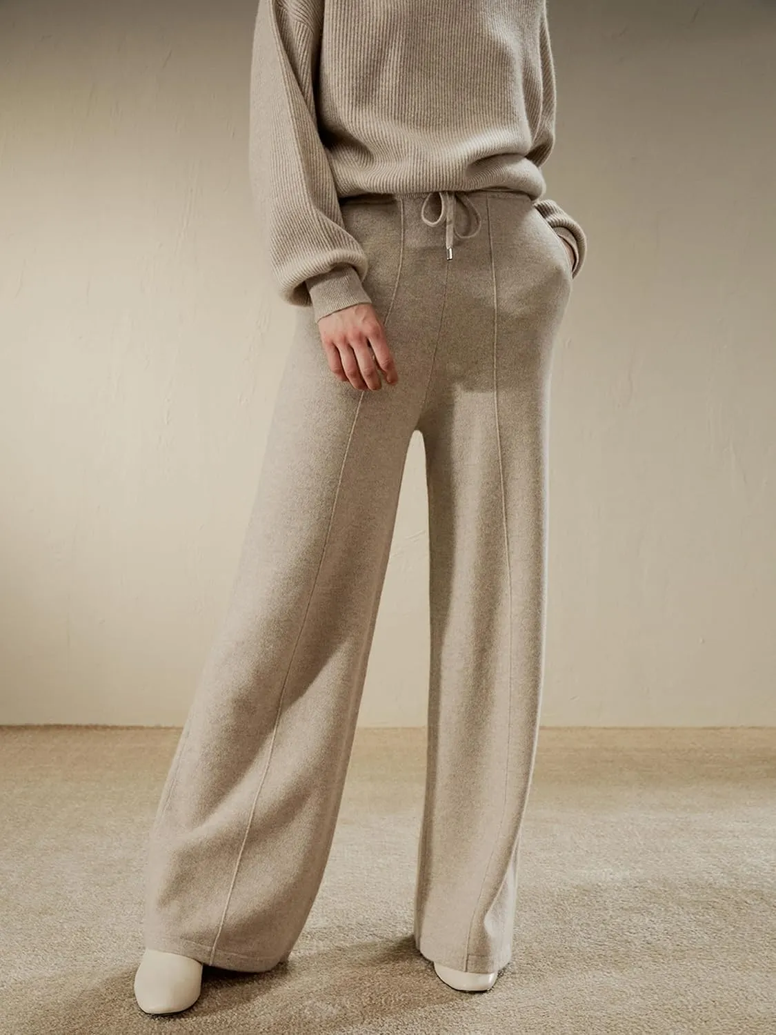 LilySilk 100% Cashmere Pants for Women Super Soft Warm Wide Leg Cashmere Knitted Trousers Elastic Waist Sweatpants
