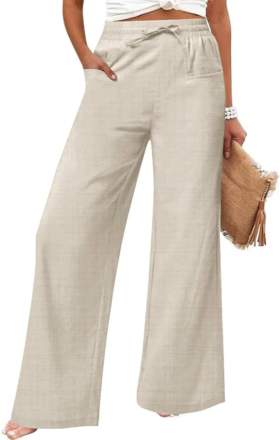 Linen Beach Pants Women Casual Summer High Waisted Wide Leg Pants with Pockets Lightweight Flowy Boho Trousers