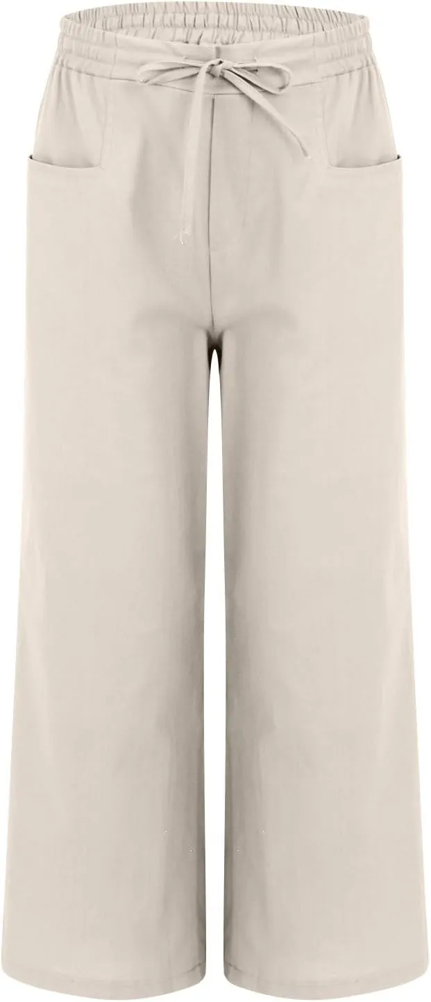 Linen Beach Pants Women Casual Summer High Waisted Wide Leg Pants with Pockets Lightweight Flowy Boho Trousers