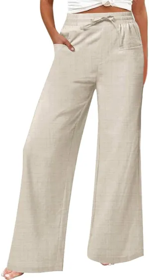Linen Beach Pants Women Casual Summer High Waisted Wide Leg Pants with Pockets Lightweight Flowy Boho Trousers