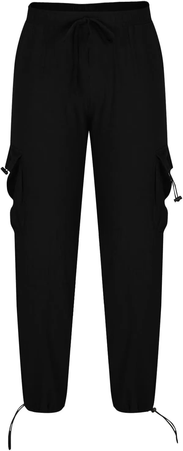 Linen Cargo Pants Men Relaxed Drawstring Pants Elastic Waist Multi Pack Pants Lightweight Lounge Pants Loose Trousers