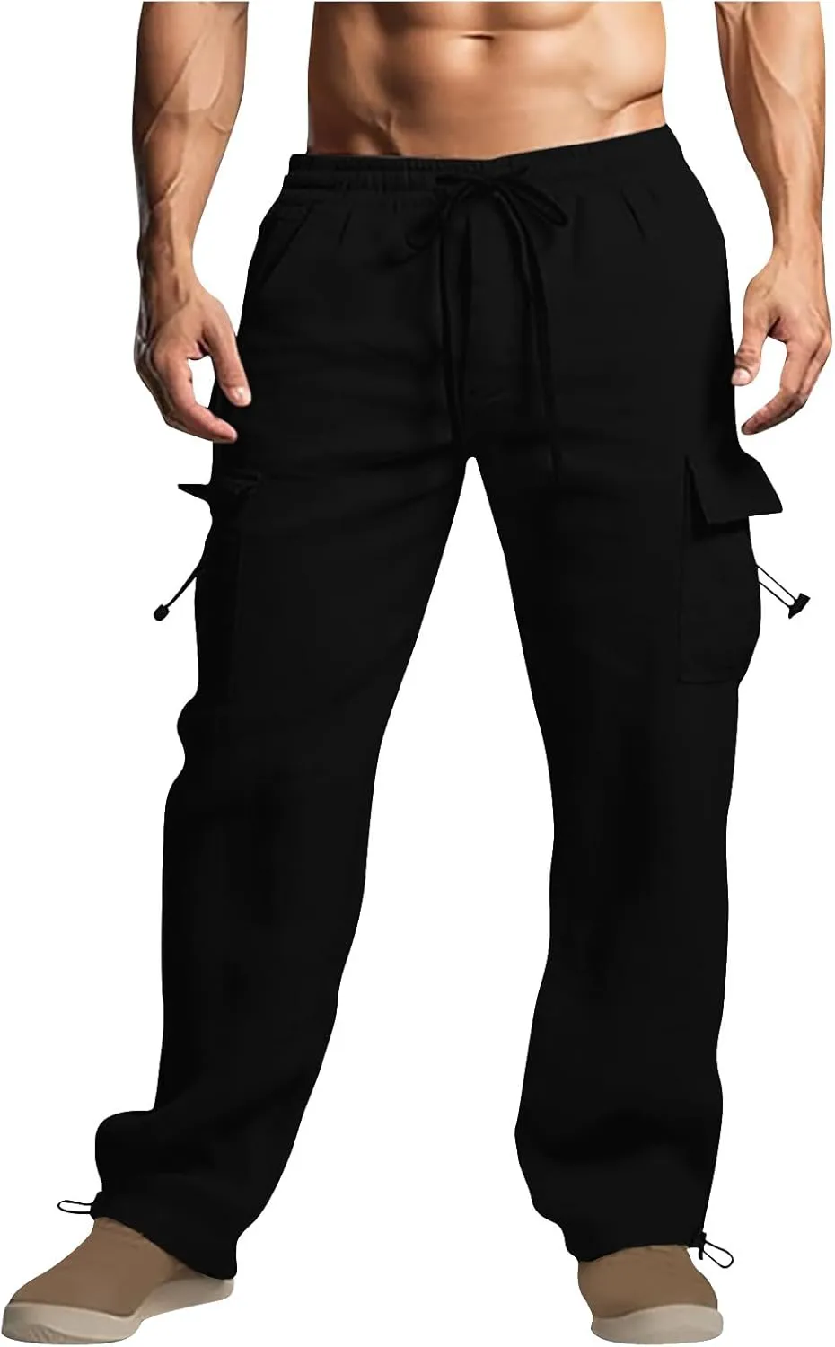 Linen Cargo Pants Men Relaxed Drawstring Pants Elastic Waist Multi Pack Pants Lightweight Lounge Pants Loose Trousers