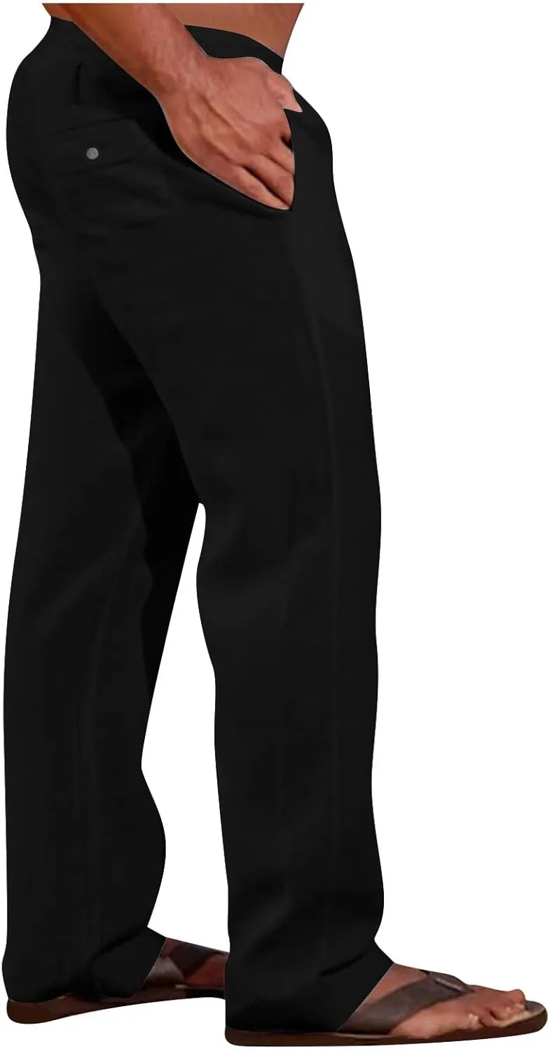 Linen Dress Pants Men Slim Fit Straight Leg Trousers Elastic Waist Lounge Pants Breathable Summer Pants Casual Pants