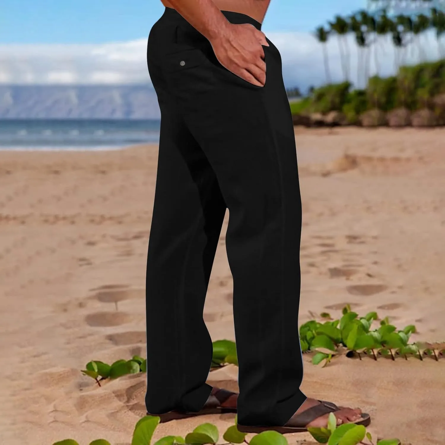Linen Dress Pants Men Slim Fit Straight Leg Trousers Elastic Waist Lounge Pants Breathable Summer Pants Casual Pants