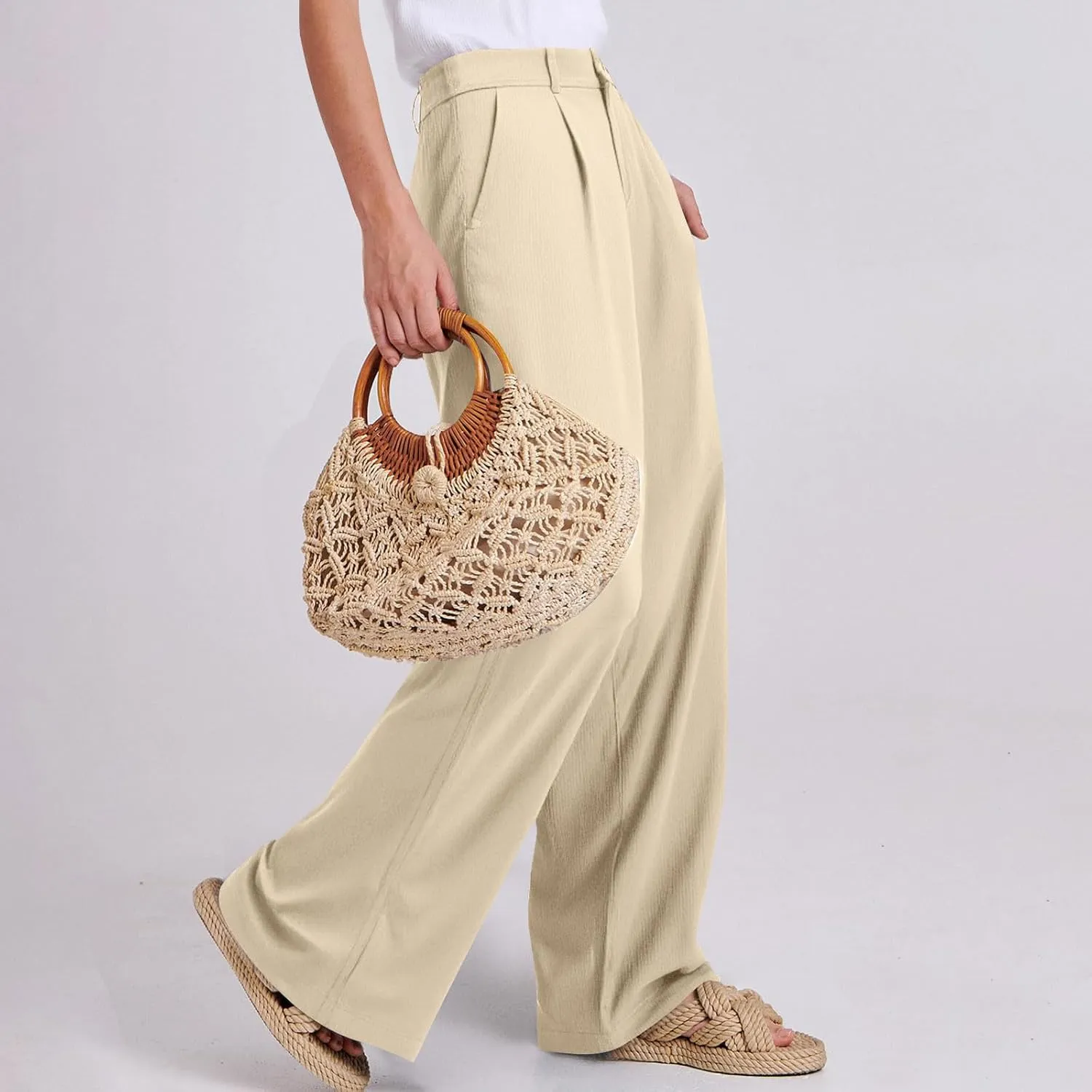 Linen Dress Pants Women Business Casual High Waited Wide Leg Pants with Pockets Slacks Office Work Palazzo Trousers