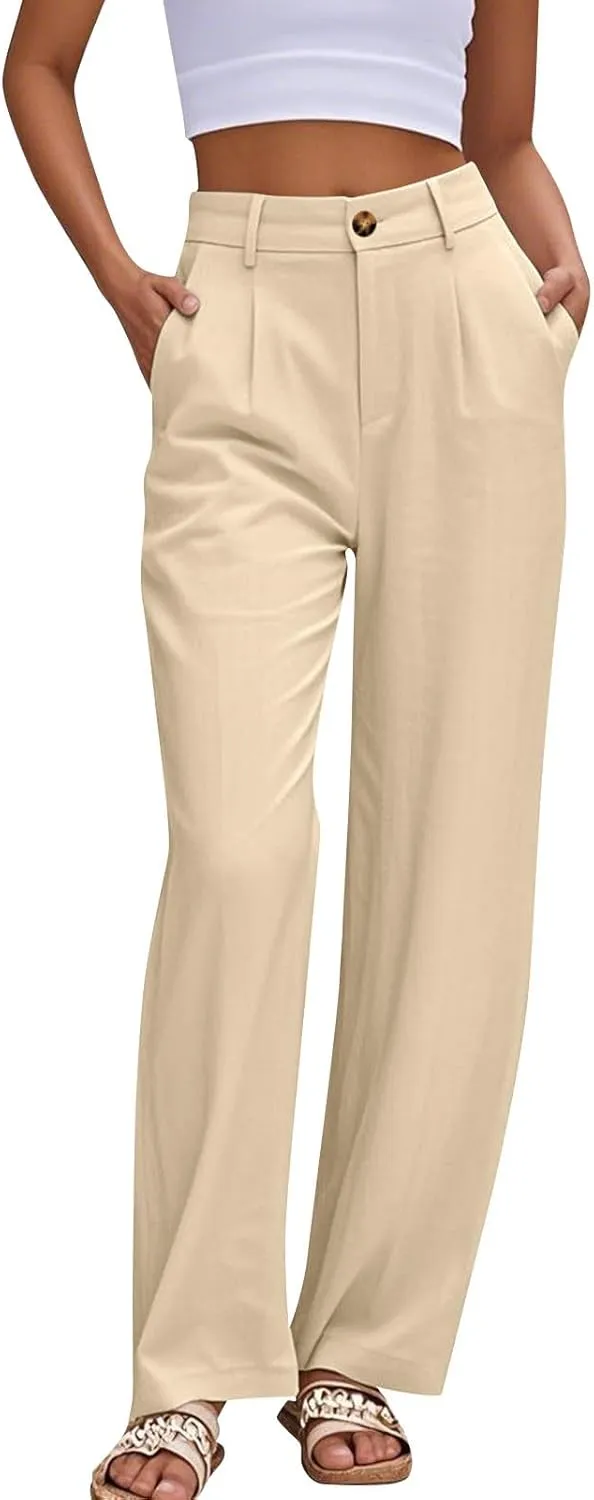 Linen Dress Pants Women Business Casual High Waited Wide Leg Pants with Pockets Slacks Office Work Palazzo Trousers