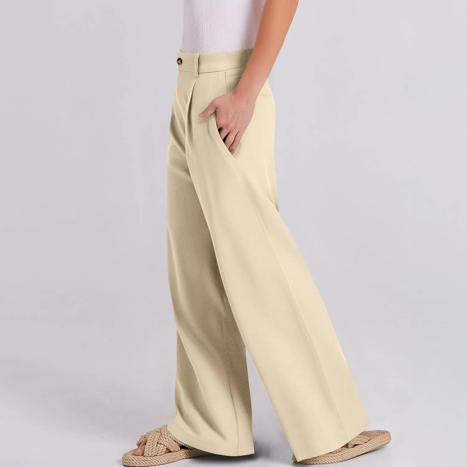 Linen Dress Pants Women Business Casual High Waited Wide Leg Pants with Pockets Slacks Office Work Palazzo Trousers