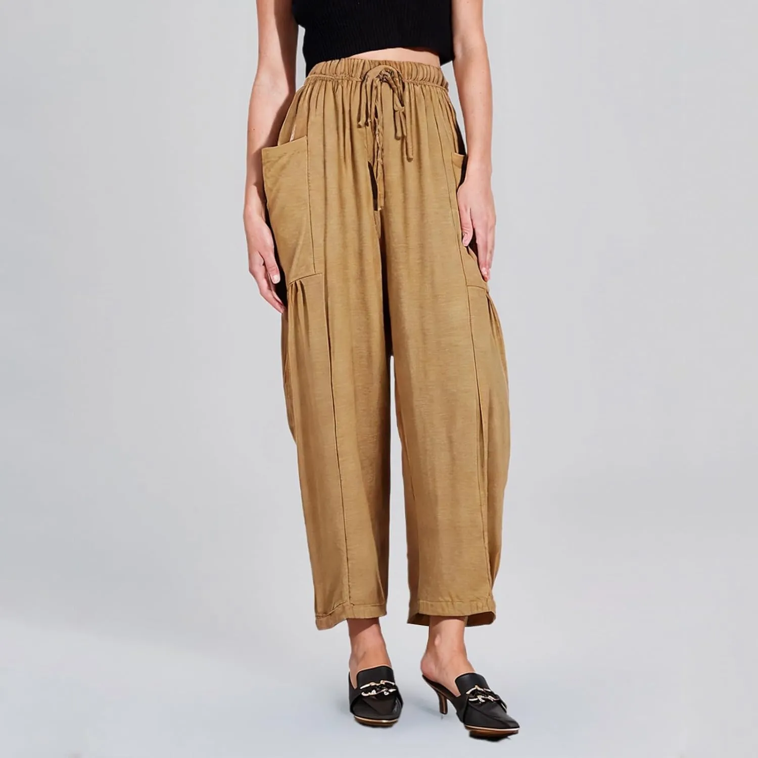 Linen Harem Pants Women Cropped Wide Leg Palazzo Pants Summer Capri Pants Elastic Waist Beach Pants with Pockets