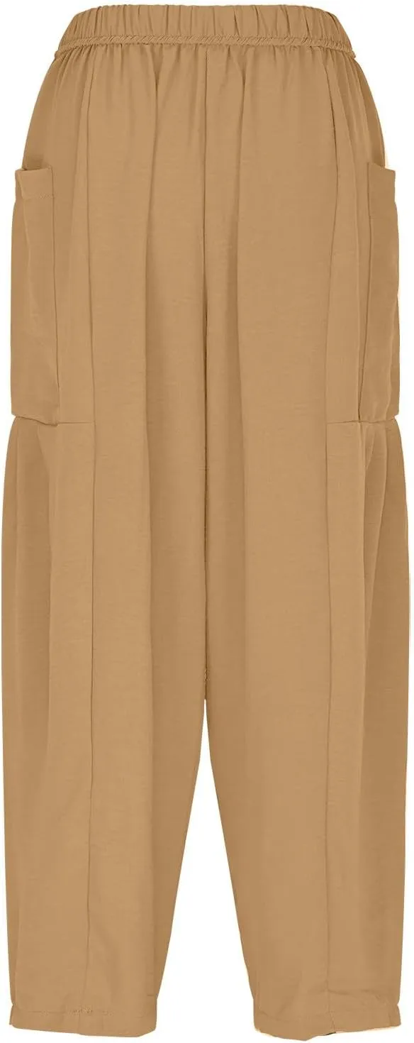 Linen Harem Pants Women Cropped Wide Leg Palazzo Pants Summer Capri Pants Elastic Waist Beach Pants with Pockets