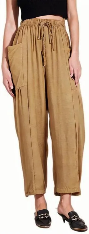 Linen Harem Pants Women Cropped Wide Leg Palazzo Pants Summer Capri Pants Elastic Waist Beach Pants with Pockets